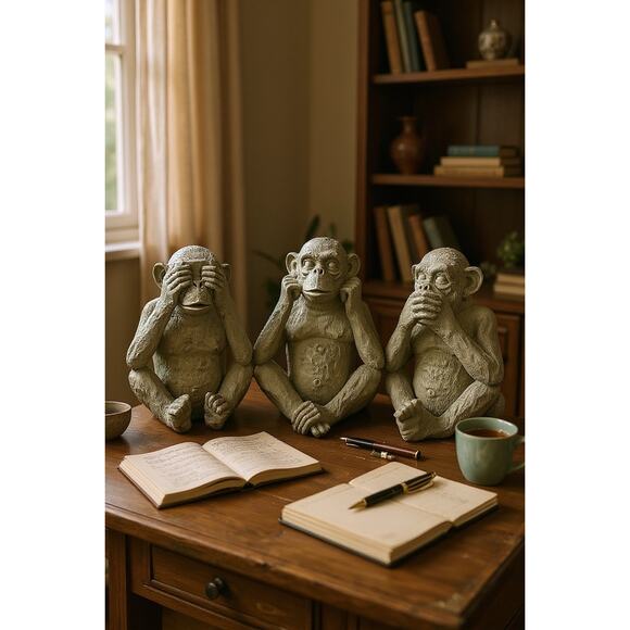 See No Evil Monkey Trio-Hand Carved Wood Figurines-Silver Painted Set-Hear-Speak - Picture 2 of 8